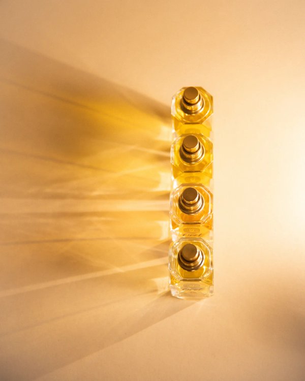 Plusieurs flacons luxueux en verre et or, un pot et une bouteille de cosmétiques, photographiés dans un studio.